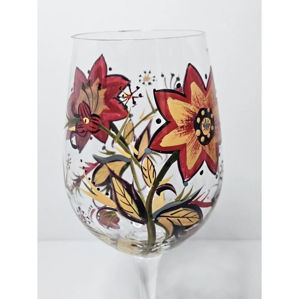 Set of 2 Pier 1 Carynthum Wine Glasses Hand Painted Fall Floral Stemmed Goblets